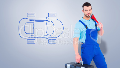 Composite image of repairman with toolbox and monkey wrench