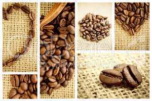 Composite image of wooden shovel with coffee beans