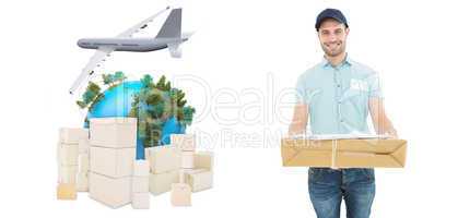 Composite image of handsome courier man with parcel