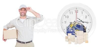 Composite image of portrait of happy delivery man with cardboard