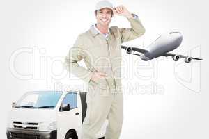 Composite image of happy delivery man holding cap