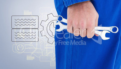 Composite image of male mechanic holding spanners