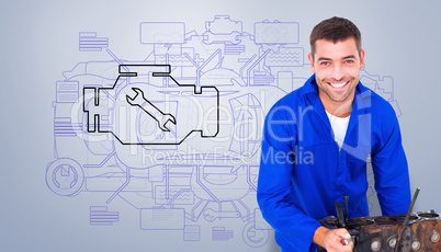 Composite image of smiling male machanic repairing car engine