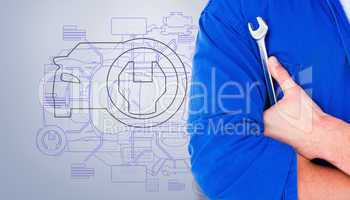 Composite image of male mechanic holding spanner on white backgr