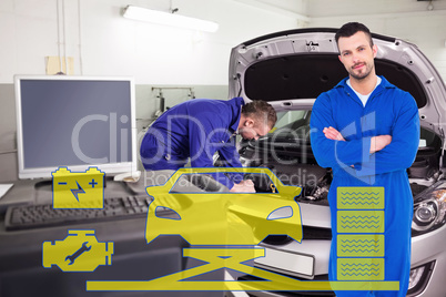 Composite image of mechanic standing arms crossed on white backg