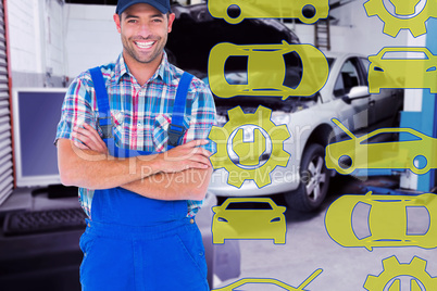 Composite image of male handyman standing arms crossed over whit