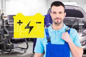 Composite image of repairman holding adjustable wrench