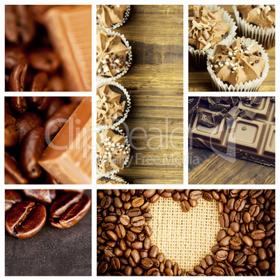 Composite image of chocolate pieces and coffee beans side by sid