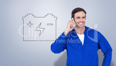 Composite image of mechanic using mobile phone over white backgr