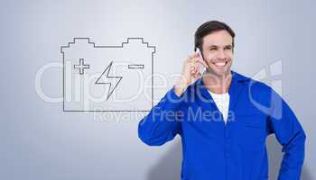 Composite image of mechanic using mobile phone over white backgr