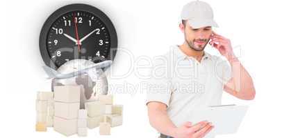 Composite image of delivery man talking on mobile phone