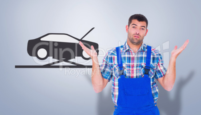 Composite image of confused handyman giving i dont know gesture