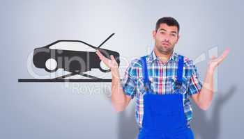 Composite image of confused handyman giving i dont know gesture