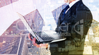 Composite image of businessman with watch using tablet pc