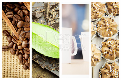 Composite image of wooden shovel with coffee beans