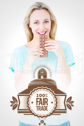 Composite image of smiling blonde eating bar of chocolate