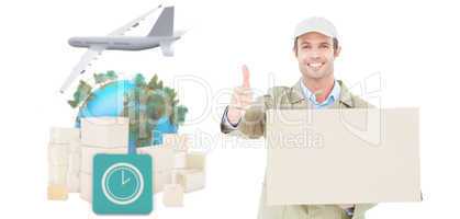 Composite image of happy delivery man gesturing thumbs up while