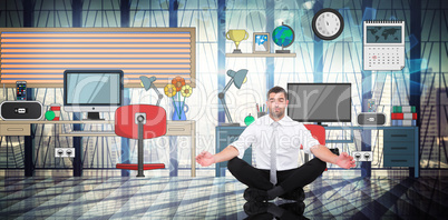 Composite image of businessman meditating in lotus pose