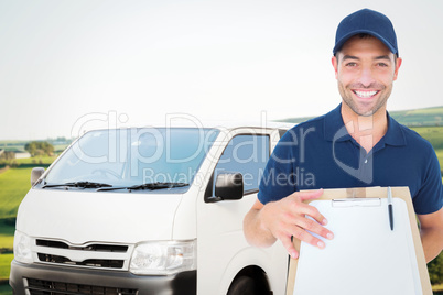 Composite image of happy delivery man with package and clipboard