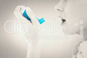 Composite image of close up of a woman using an asthma inhaler