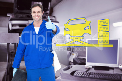 Composite image of mechanic holding tire while showing thumbs up