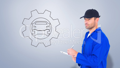 Composite image of mechanic in blue overalls writing on clipboar