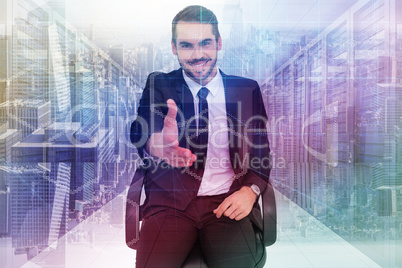 Composite image of smiling businessman on an chair office offeri