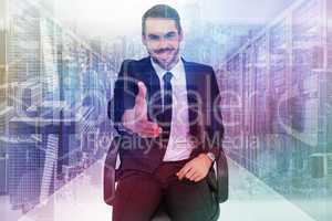 Composite image of smiling businessman on an chair office offeri