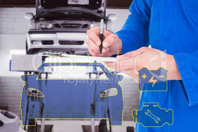 Composite image of mechanic writing on clipboard