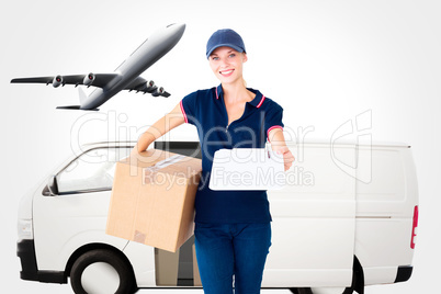 Composite image of happy delivery woman holding cardboard box an