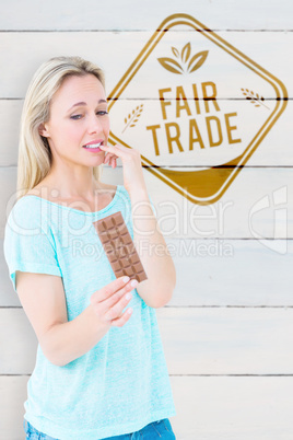 Composite image of pretty blonde feeling guilty to eat bar of ch
