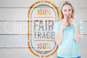 Composite image of smiling blonde eating bar of chocolate