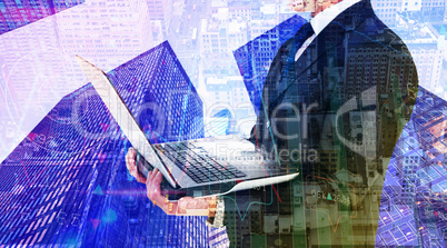 Composite image of businessman with watch using tablet pc