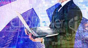 Composite image of businessman with watch using tablet pc