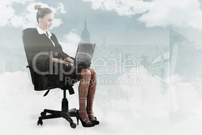 Composite image of businesswoman sitting on swivel chair with la