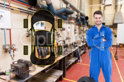 Composite image of smiling mechanic with arms crossed standing b