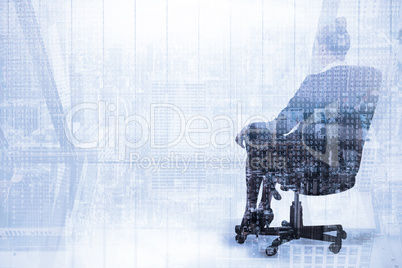 Composite image of businesswoman sitting on swivel chair in blac