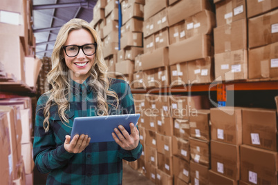 Composite image of pretty blonde with tablet