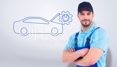 Composite image of smiling male handyman in coveralls standing a