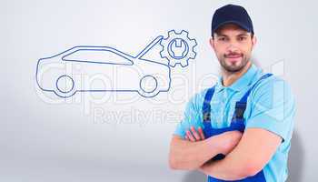 Composite image of smiling male handyman in coveralls standing a