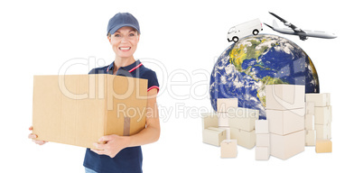 Composite image of happy delivery woman holding cardboard box