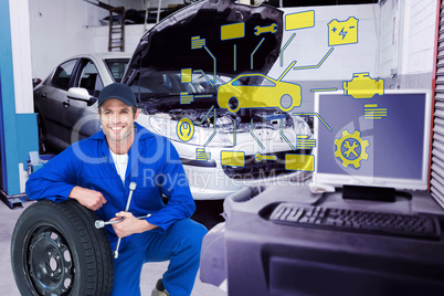 Composite image of mechanic leaning on tire while holding wheel