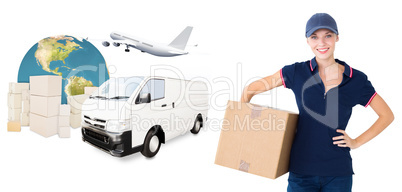 Composite image of happy delivery woman holding cardboard box