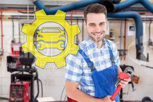 Composite image of confident young male repairman holding monkey