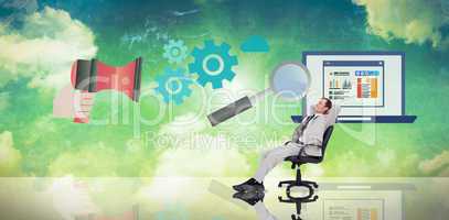 Composite image of businessman relaxing in swivel chair