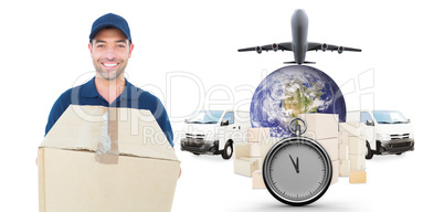 Composite image of happy delivery man holding cardboard box