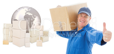 Composite image of happy delivery man holding cardboard box