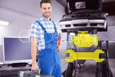 Composite image of smiling young male repairman carrying toolbox
