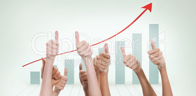 Composite image of thumbs raised and hands up