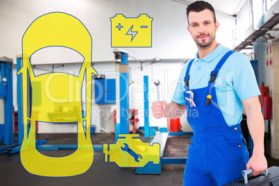 Composite image of repairman with toolbox and spanner
